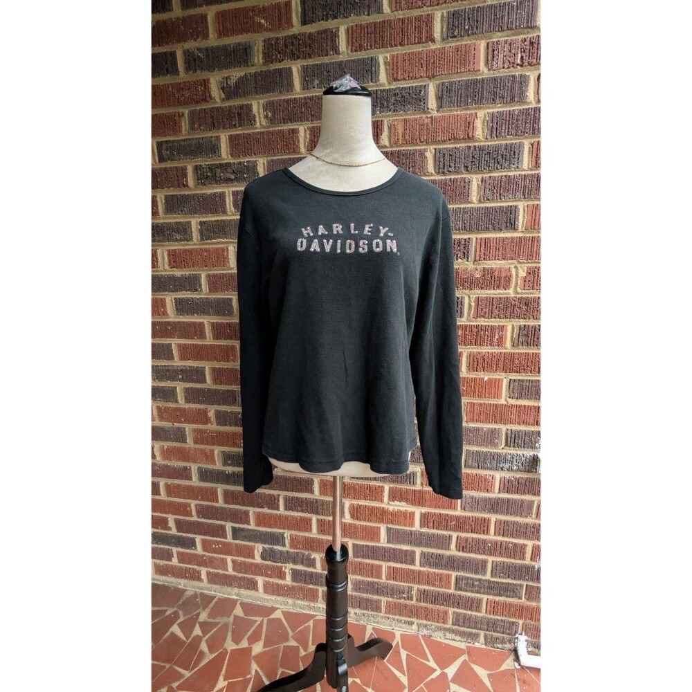 Vintage Harley Davidson Long Sleeve Embroidered Women's Henley-Black-USA- Sz L